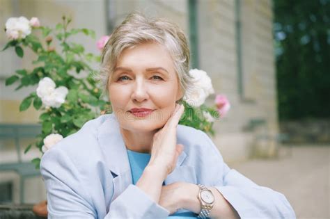 Outdoor Portrait Of Beautiful Mature Woman Of Years Old Stock Photo Image Of Senior