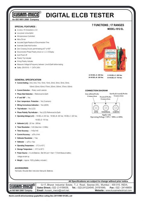 KUSAM MECO KM 1812EL A 240 VAC Digital ELCB Tester At 19025