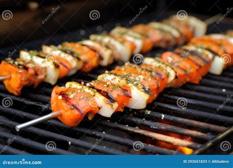 Shrimp Skewers With Char Marks On Grill Stock Image Image Of