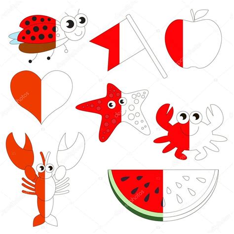 Red colour objects | Red Color Objects, the big kid game to be colored by example half. — Stock ...