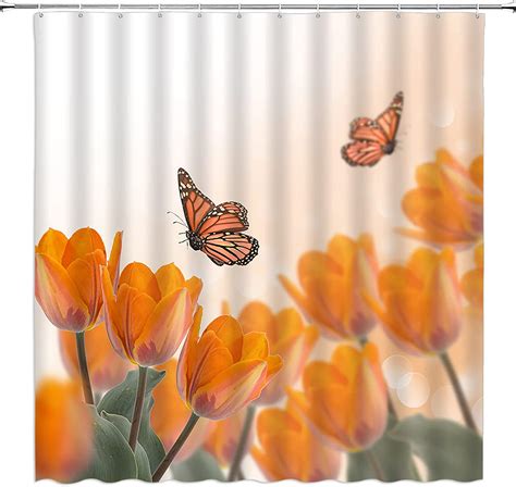 Sonernt Flower Butterfly Shower Curtain Orange Floral Butterflies