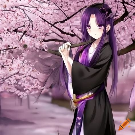 Anime Woman With Long Purple Hair And Grey Eyes In A Black Kimono Hd