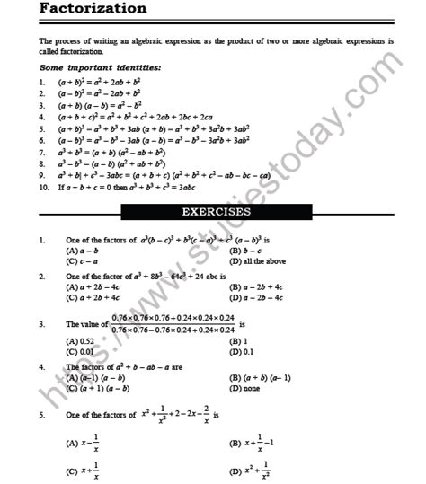 Cbse Class Mathematics Factorisation Mcqs Multiple Choice Questions