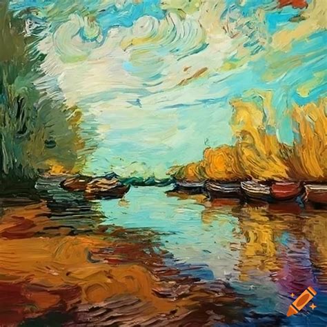 Impressionistic Painting Of A River With Boats And A Forest