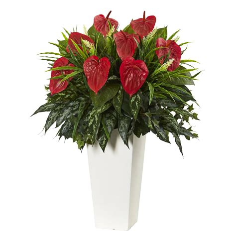 Artificial Mixed Anthurium Plant In White Tower Vase Nearly Natural