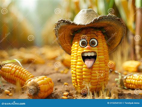 Funny Corn in Hat. Yellow Corn Cob in Cowboy Hat and Smile Stock Image ...