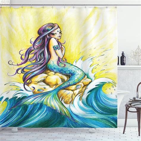 Spxubz Mermaid Decor Shower Curtain Set Mermaid Sitting On Rock Sunny