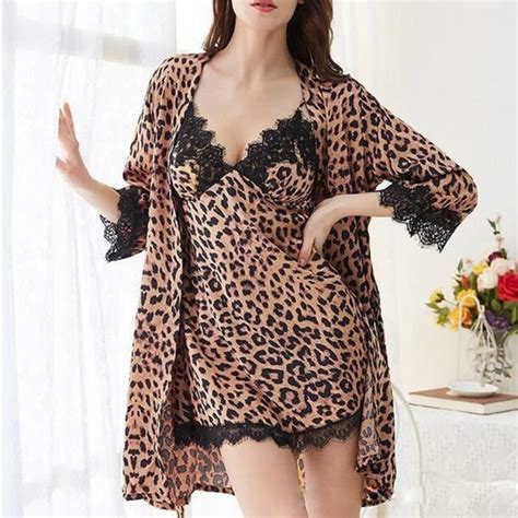 Nouvelles femmes Sexy dentelle lingerie peignoir imprimé léopard chemise de nuit pyjamas