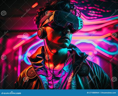 Asian Handsome Man With Neon Lights Wearing Vr Headset And Experiencing