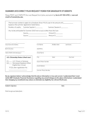 Fillable Online Bu Summer Grad Plus Loan Request Form Boston