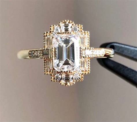 Emerald Cut Art Deco Engagement Ring Colourless Emerald Cut Moissanite