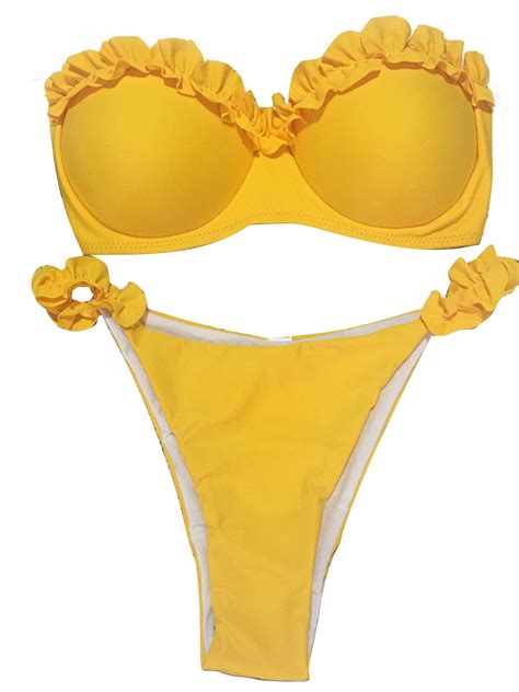 Wodstyle Womens Bandeau Ruffle Strapless Bra Bikini Set Swimwear