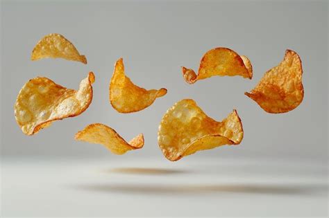 Five Crispy Potato Chips Floating In Air Against A White Background