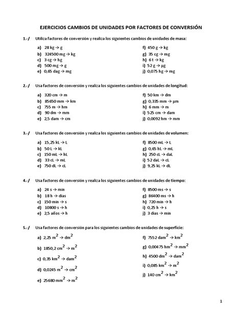 Ejercicios Cambios De Unidades Por Factores De Conversión 1