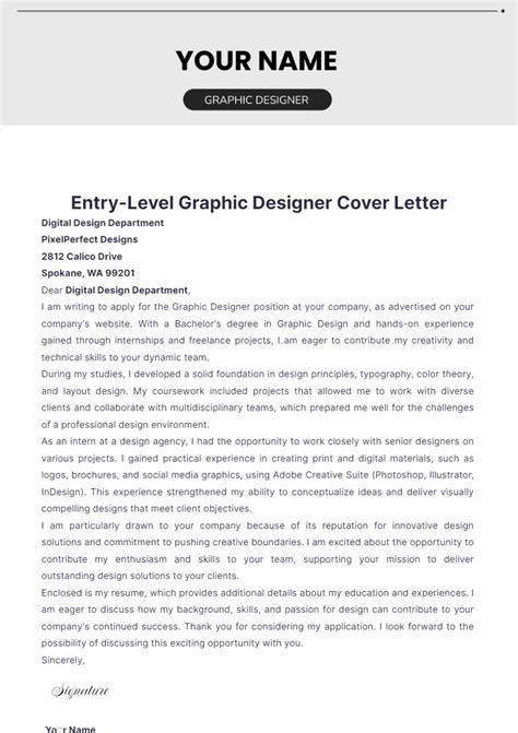 Free Entry Level Graphic Designer Cover Letter Template To Edit Online