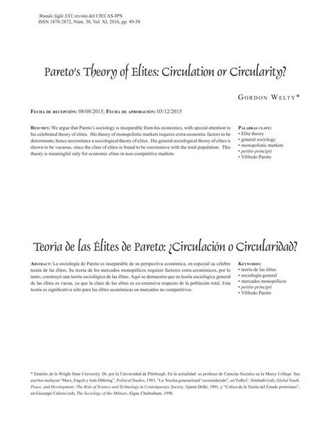 Pdf Paretos Theory Of Elites Circulation Or Circularitypursuit Of