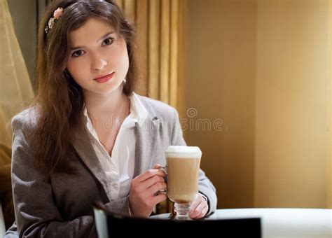 Beautiful Brunette Woman In Restaurant Drinking Coffee Stock Image Image Of Girl Restaurant