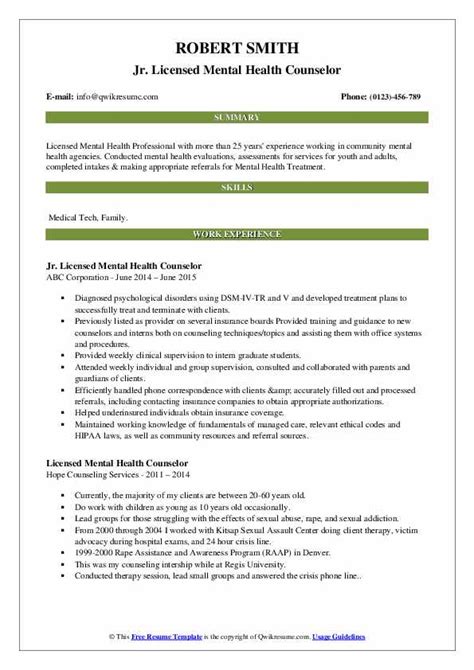 Licensed Mental Health Counselor Resume Samples Qwikresume