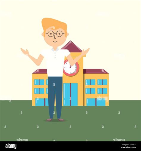 Cartoon teacher standing over school building, colorful design. vector illustration Stock Vector ...