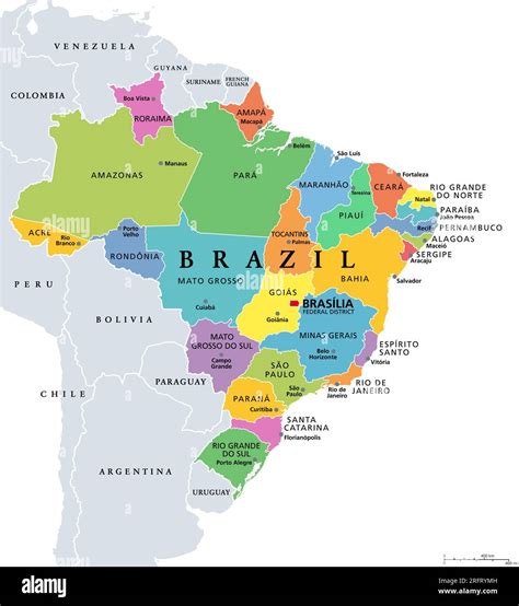 States Of Brazil Political Map Colored Federative Units With Borders