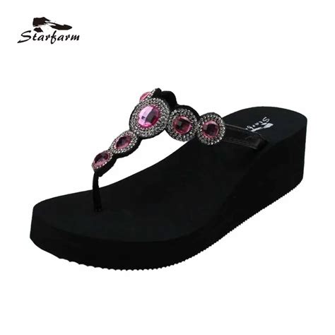 Starfarm Wedge Sandal With Hot Pink Rhinestone And Beads Heeled Women