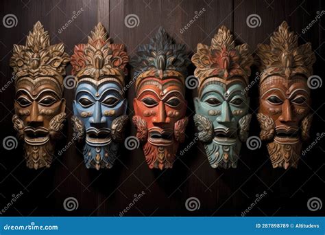 Traditional Balinese Masks in a Row Stock Illustration - Illustration ...