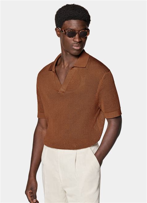 Dark Orange Crochet Buttonless Polo In Californian Cotton Mulberry