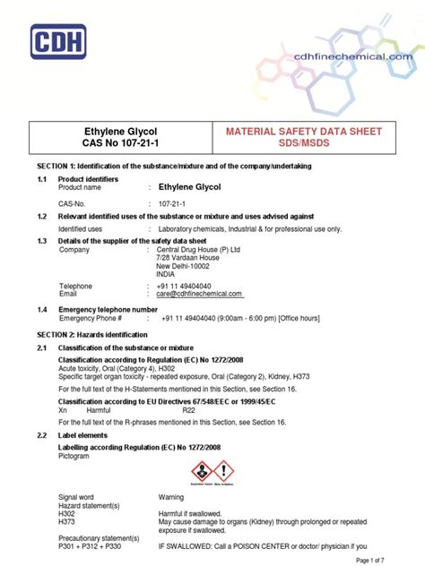 Ethylene Glycol Cas No 107 21 1 Material Safety Data Sheet Sdsmsds Pdf Toxicity