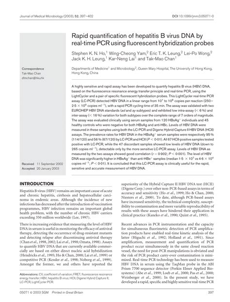 Pdf Rapid Quantification Of Hepatitis B Virus Dna By Real Time Pcr