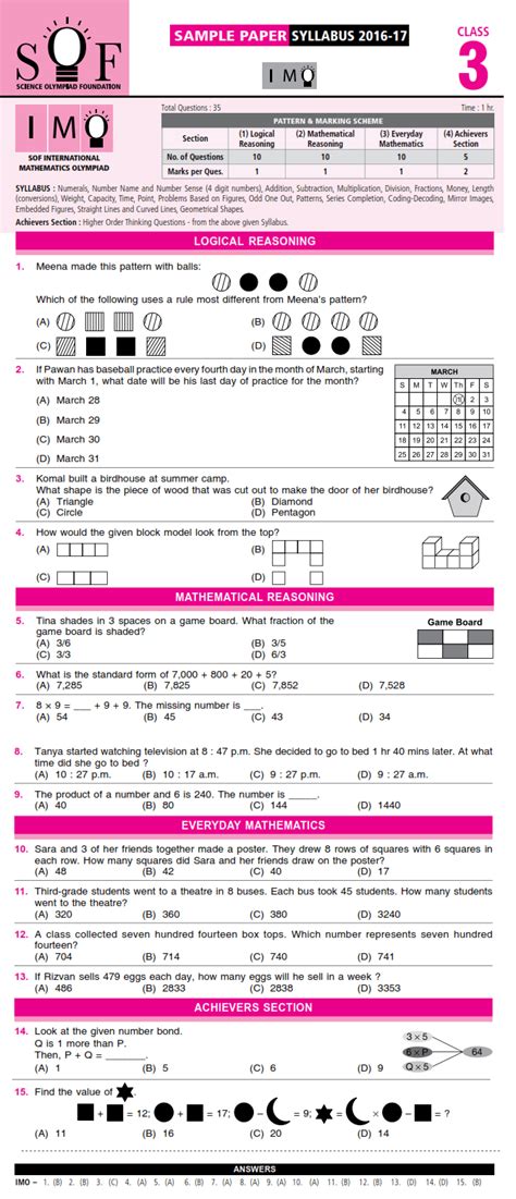 Nco Nso Imo Ieo And Igko 2018 2019 Class 3 First Level Sample Papers Aglasem Schools