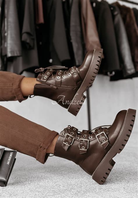 Brecken chocolate leather strappy boots - Andżela Online Store