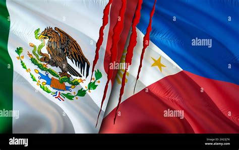 Mexico and Philippines flags with scar concept. Waving flag,3D ...