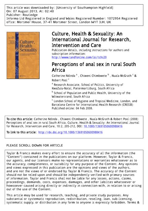 Pdf Perceptions Of Anal Sex In Rural South Africa