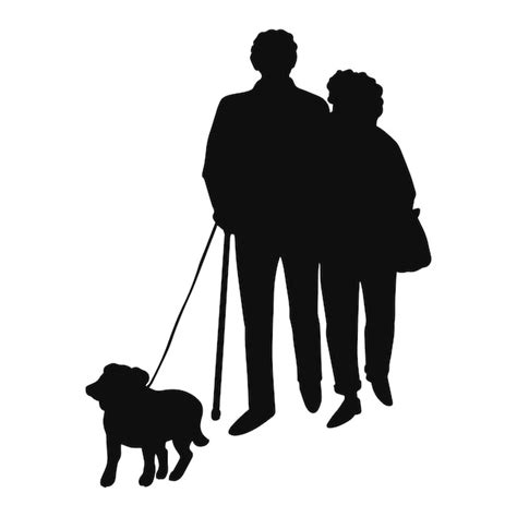 Ilustración de vector de silueta negra ancianos caminando con perro