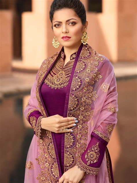 Drashti Dhami Wine Satin Georgette Embroidered Straight Cut Suit Custom Measurement Batas