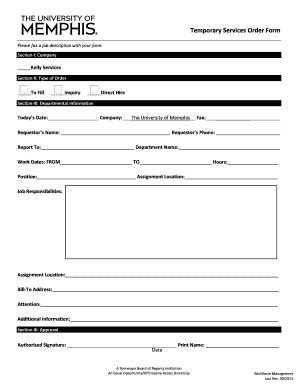 Fillable Online Bf Memphis Temporary Services Order Form Fax Email