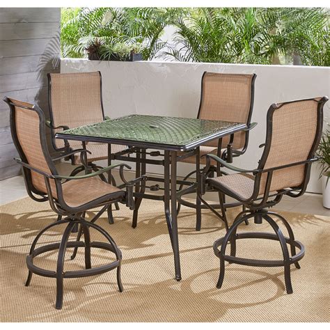 Hanover Manor 5 Piece Outdoor High Dining Set In Cedar With 42 Square Cast Top Table And 4