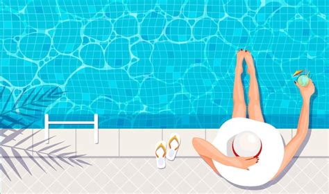 Frau mit weißem Hut entspannt sich im Pool Dame im Bikini ruht sich mit Cocktail aus Schönes