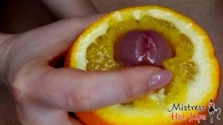 Close Up Yummy Foodjob And Ruined Orgasm From Mistress Hot Lips Dessert With Cum And Orange