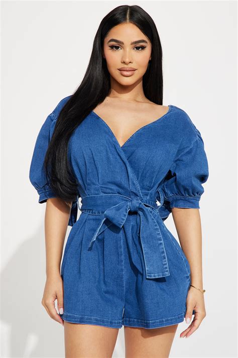 Juliette Denim Romper Medium Wash Fashion Nova Rompers Fashion Nova