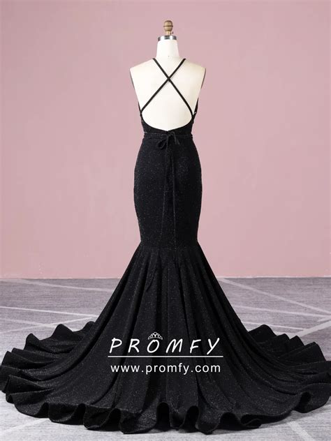 Promfy Black Glitter Spandex Long Train Mermaid Prom Dress