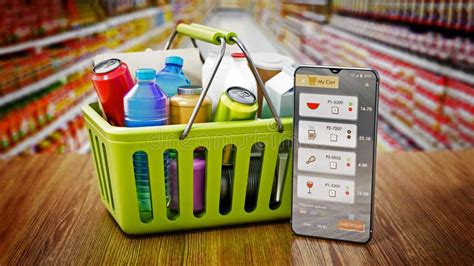 Shopping Basket And Smartphone Standing On Supermarket Counter Online