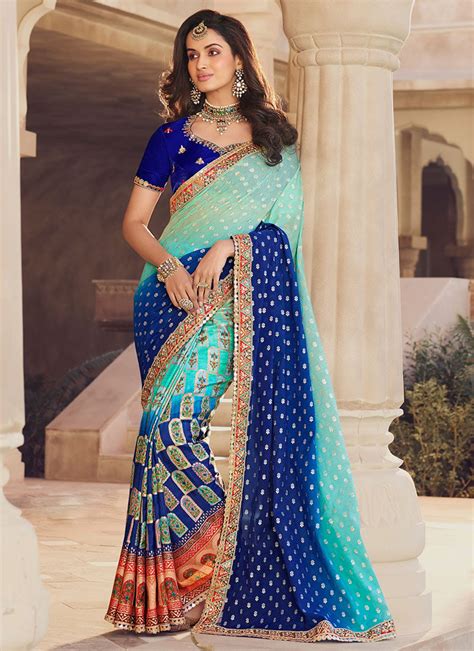 Buy Blue Viscose Chanderi Silk Embroidered N Zari Work Saree Party Wear