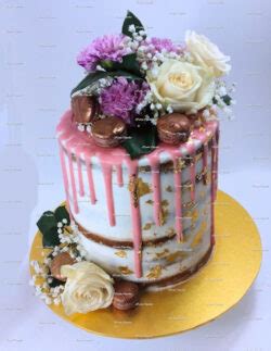 Triple Layered Naked Cake Flowers Drip Icing And Macaroons Extra