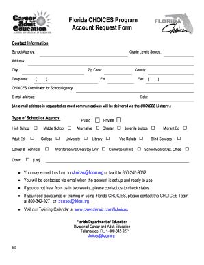 Fillable Online Fldoe Florida Choices Planner Account Request Form Fax