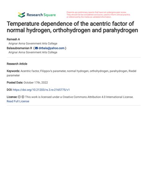 Pdf Temperature Dependence Of The Acentric Factor Of Normal Hydrogen