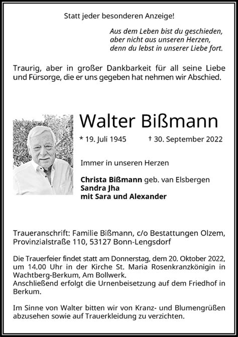 Traueranzeigen von Walter Bißmann GA Trauer de