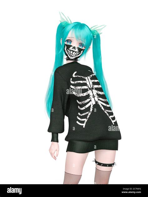 street girl wearing a skeleton outfit doing a cute pose on kwaii anime ...