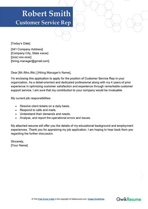 Customer Service Rep Cover Letter Examples Qwikresume