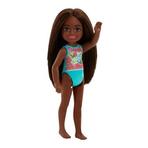 Barbie Chelsea Small Doll With Beach Swimsuit Polka Floral Print Brunette Hair Brown Eyes